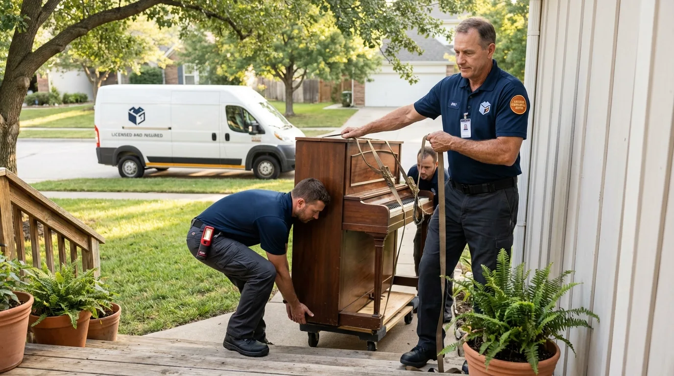 Licensed piano movers securing grand piano in Port Reading, NJ
