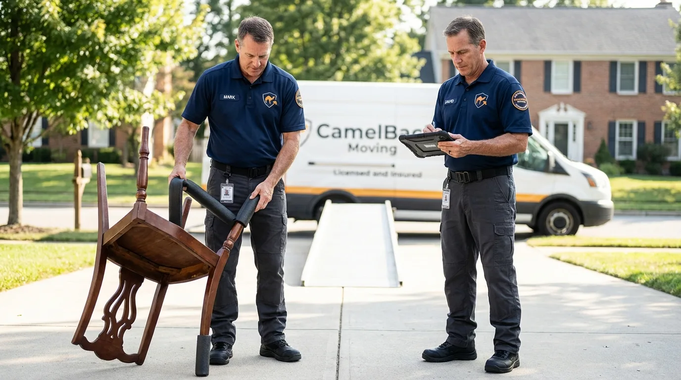Movers inspecting furniture for damage prevention before loading in Port Reading, NJ